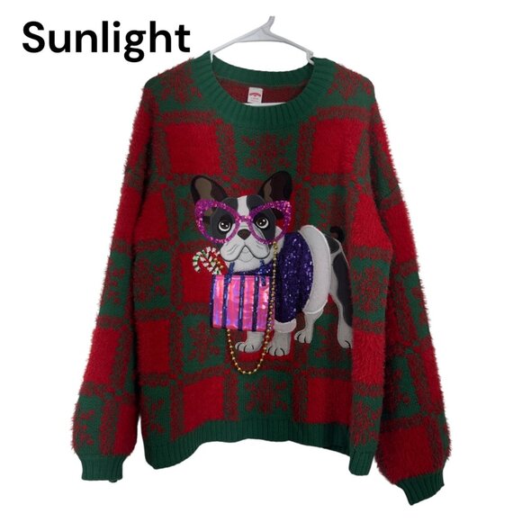 Holiday Time Ugly Christmas Sweater Bulldog Design SZ L Puff Sleeve Crew Neck - Picture 1 of 11